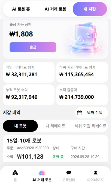 Neo Alpha AI 로봇 수익과 리베이트 및 출금 내역 화면